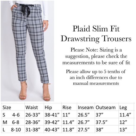 Black Gray and White Plaid Slim Fit Drawstring Trousers - Picture 16 of 16